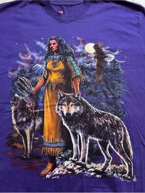 Vintage style Native Woman and Wolves Graphic Tee - Purple XL
